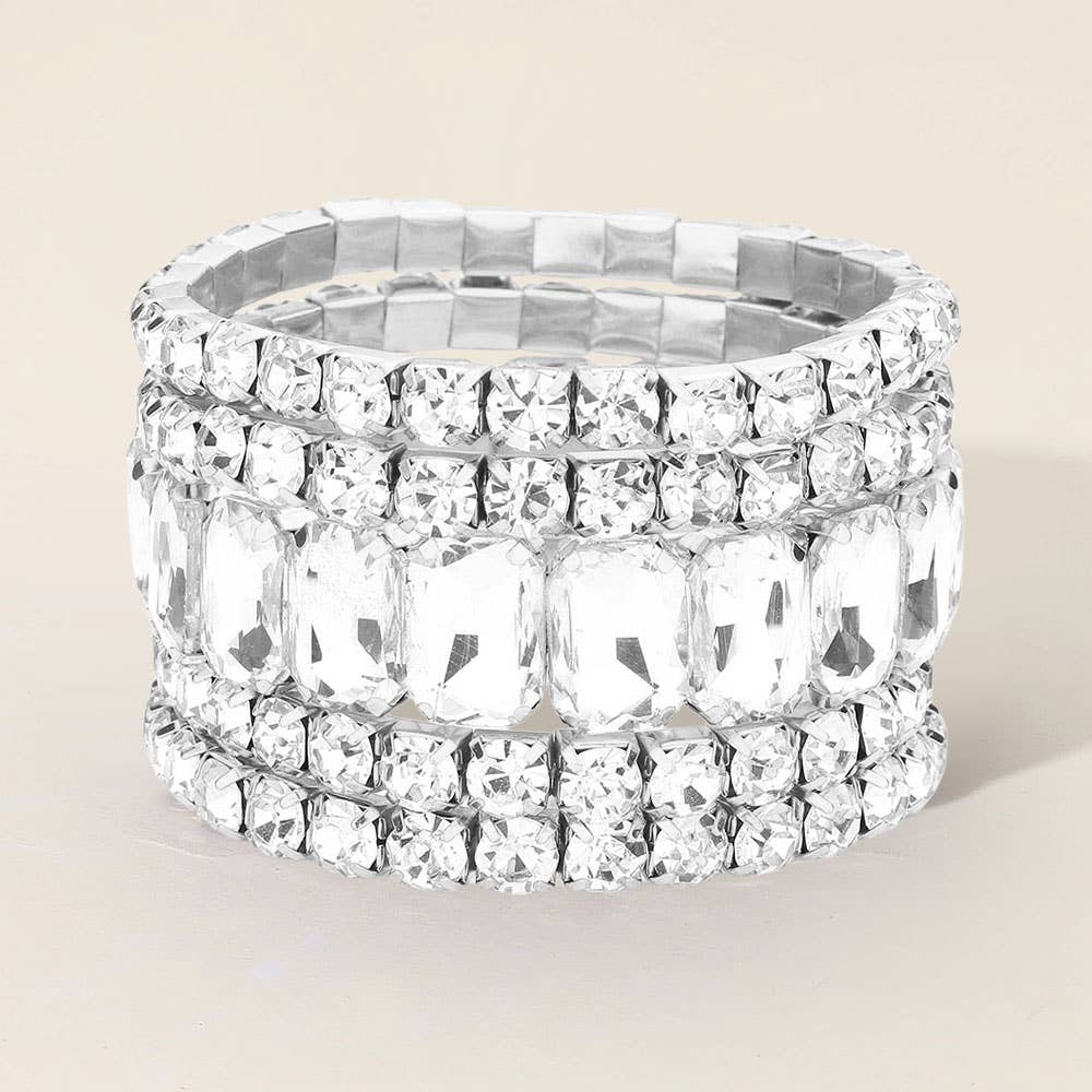 5PCS - Emerald Cut Round Stone Stretch Evening Bracelets: GOLD CLEAR