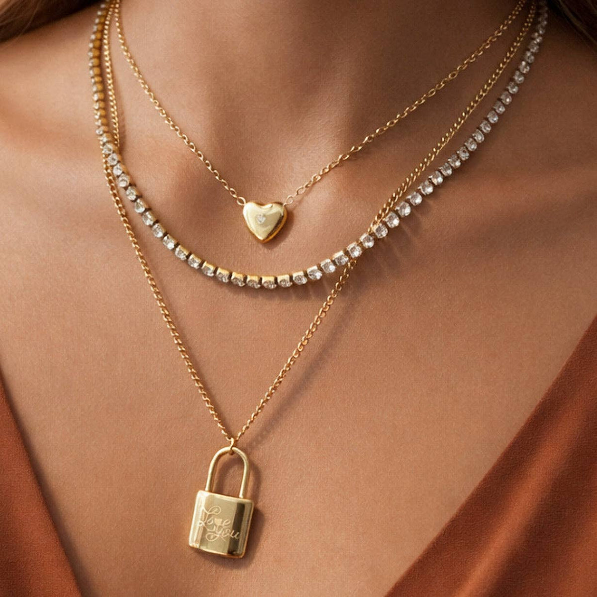 18K Gold Plated Stainless Steel Layered Lock Necklace