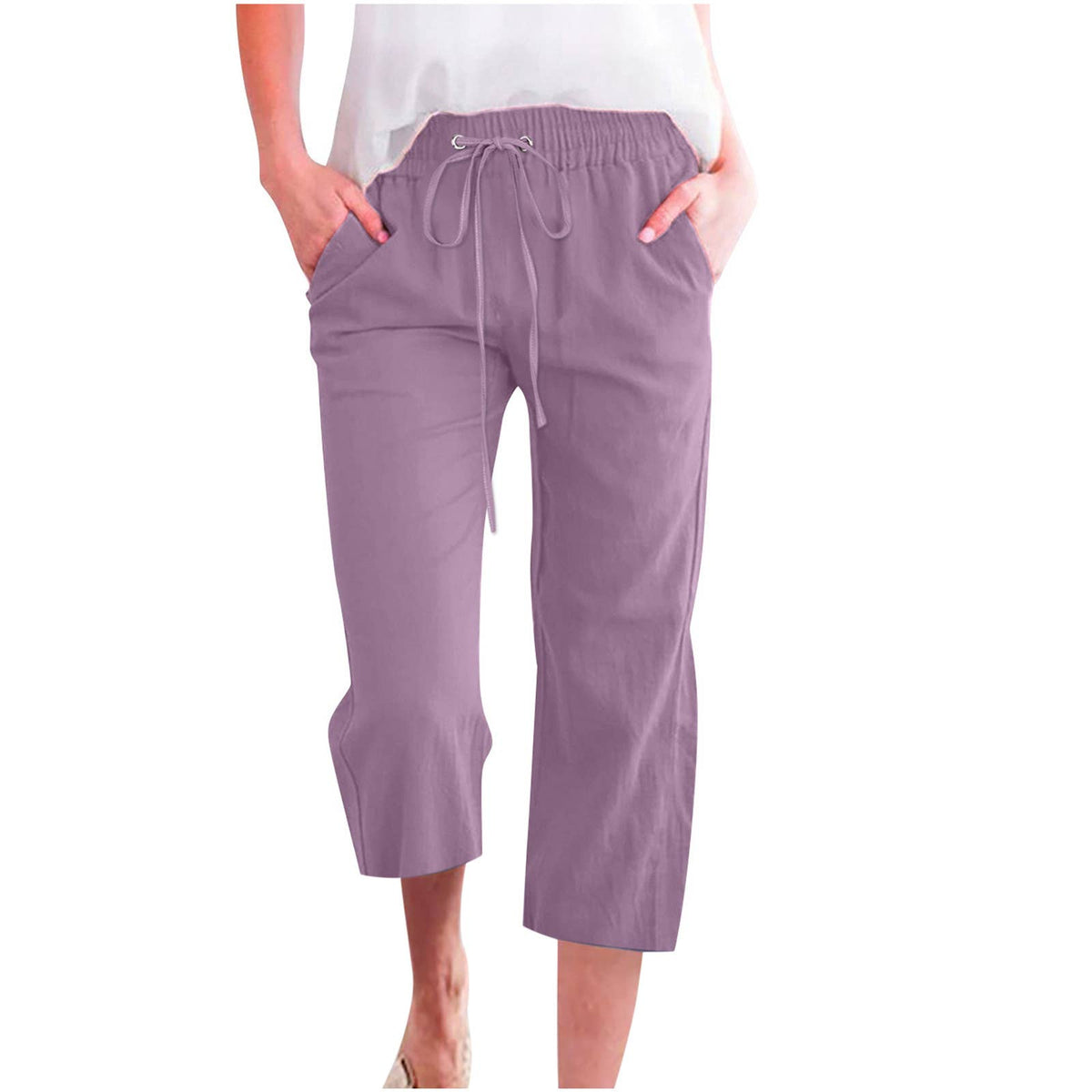 Casual Cropped Pants with Drawstring Waist and Pockets: DarkBlue / L