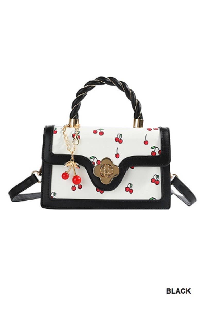 Cherry Pattern Vegan Leather Shoulder Hand Bag: BLACK / 1 (ONE SIZE)
