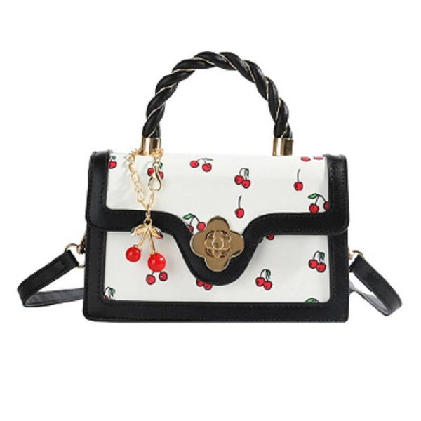 Cherry Pattern Vegan Leather Shoulder Hand Bag: BLACK / 1 (ONE SIZE)