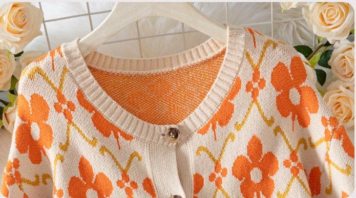 Floral Jacquard Sweater Knitted Cardigan: Orange Apricot