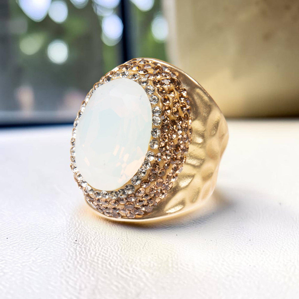 Round Crystal Pavé Cocktail Ring R2531 - White Opal: Black