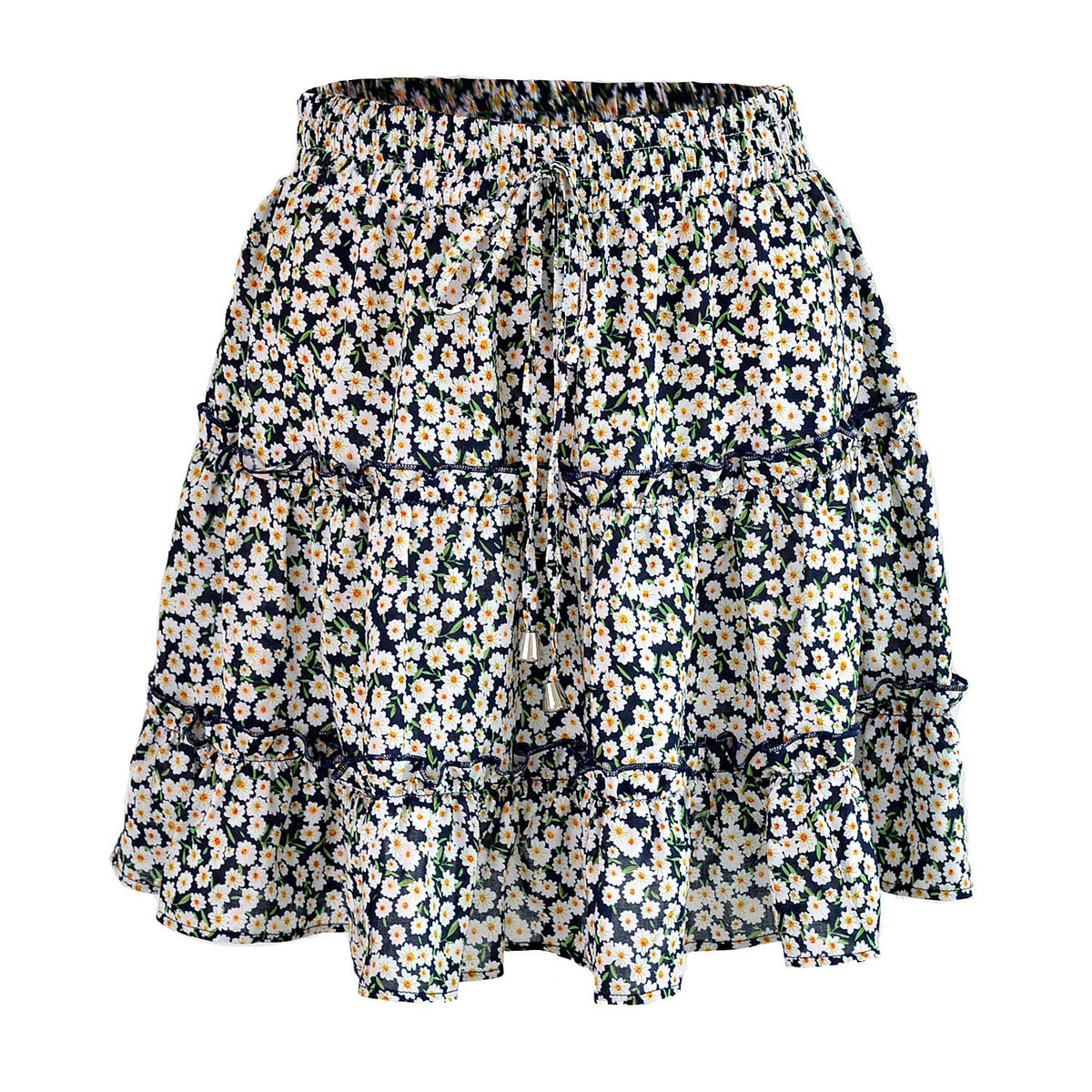 Elastic waist floral tiered mini skirt