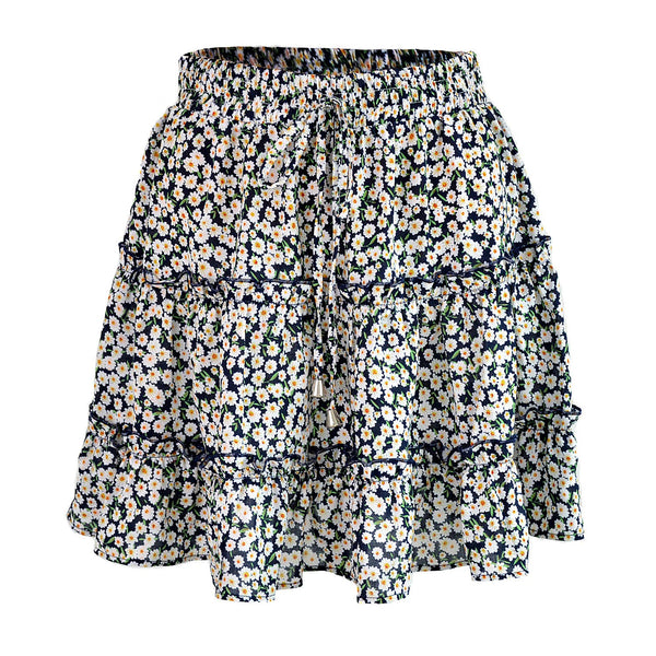 Elastic waist floral tiered mini skirt