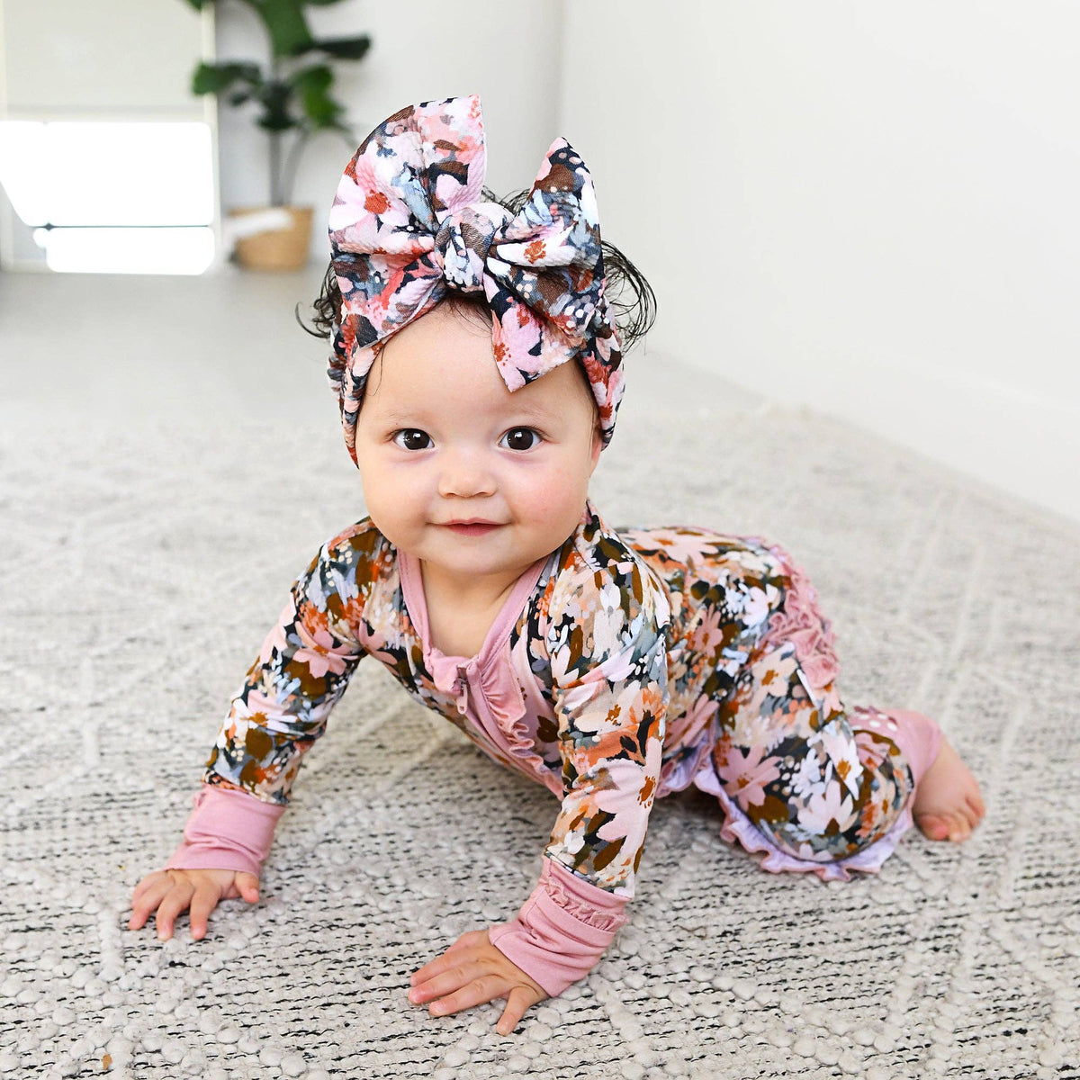 Palmer RUFFLE ZIP Bamboo Floral One Piece Baby Outfit: 3-6m