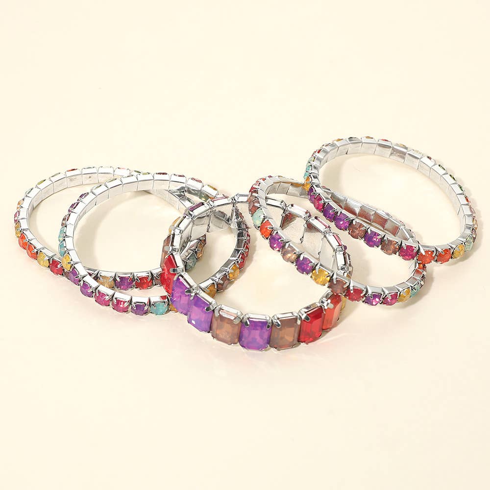 5PCS - Emerald Cut Round Stone Stretch Evening Bracelets: SILVER AB