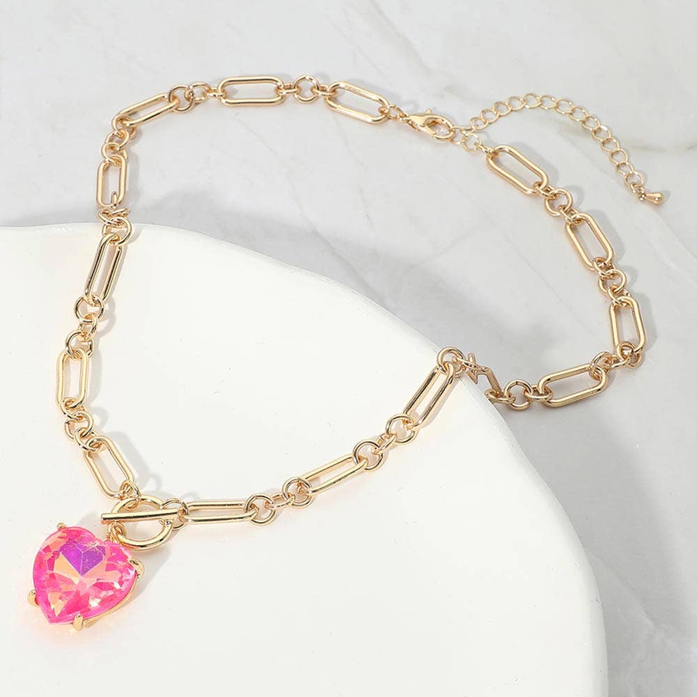 Chunky Heart Stone Cluster Toggle Pendant Necklace: Fuchsia,Neon