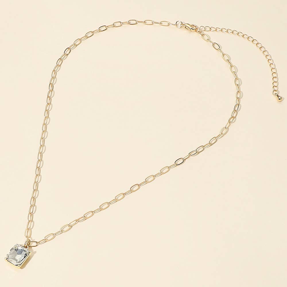 Faceted Rectangular Gem Pendant Paperclip Chain Necklace: Clear,Gold