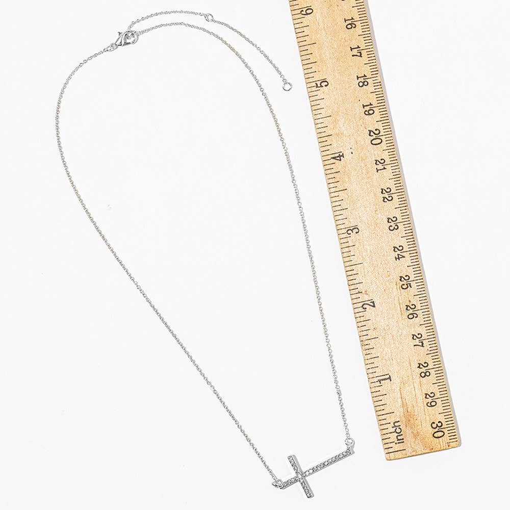 Sidways Crystal Pave Cross Pendant Necklace: Clear,Rhodium