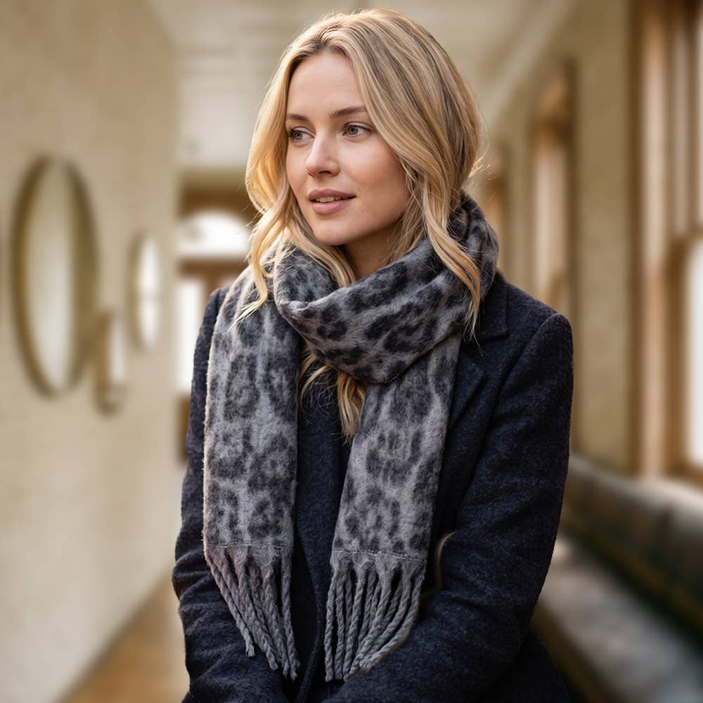 Leopard Animal Print Brushed Fringe Winter Scarf: Beige