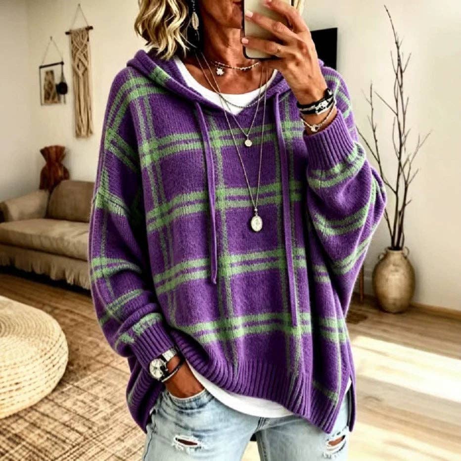 Plaid Hooded Oversized Knit Pullover Sweater: Blue