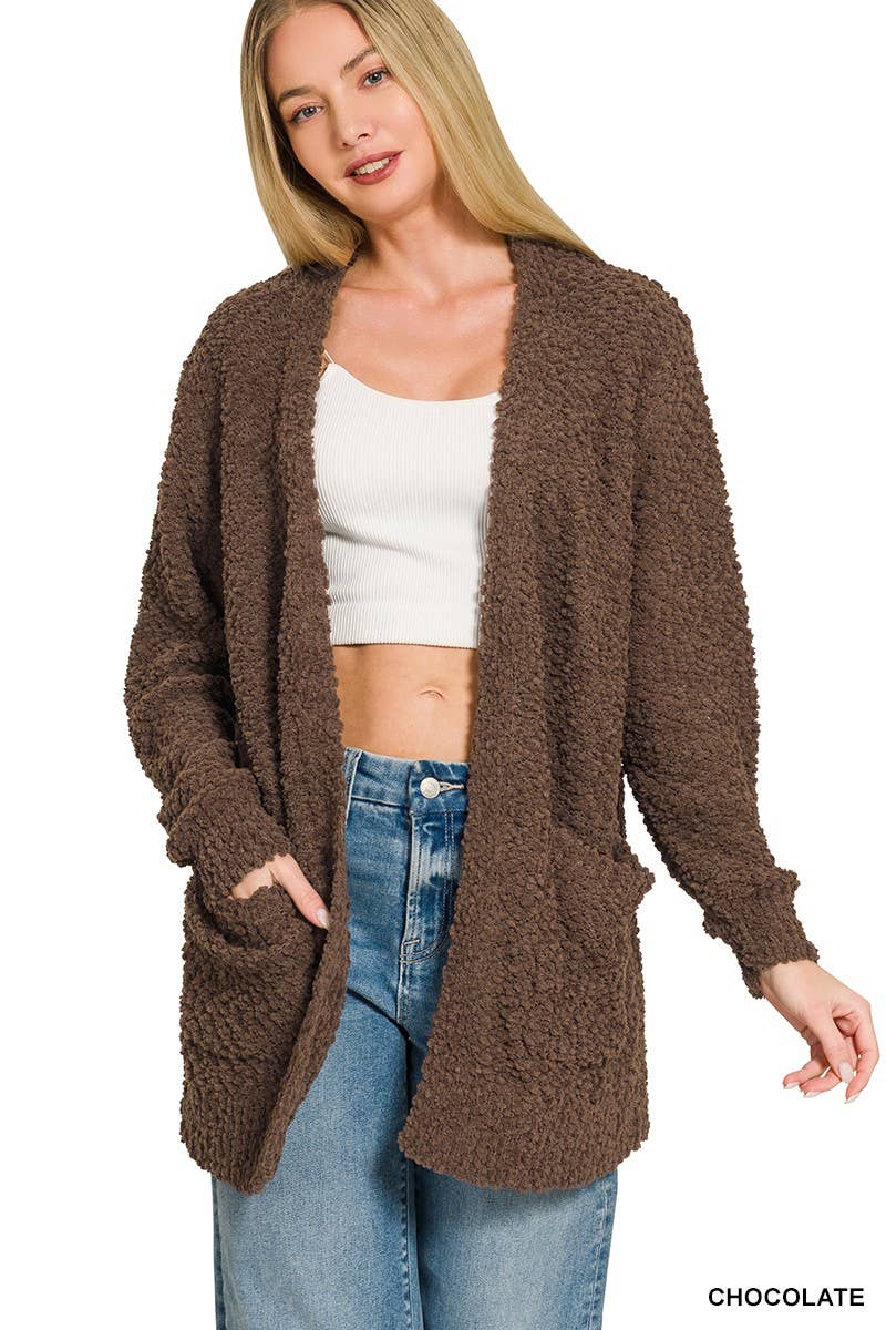 Long Sleeve Popcorn Sweater Cardigan With Pockets: ASH JADE / 1-1-1-1 (S-M-L-XL)
