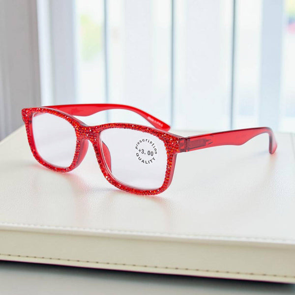 Handmade Rhinestone Rectangle Reader Glasses G0540-Red: Red / 1.5