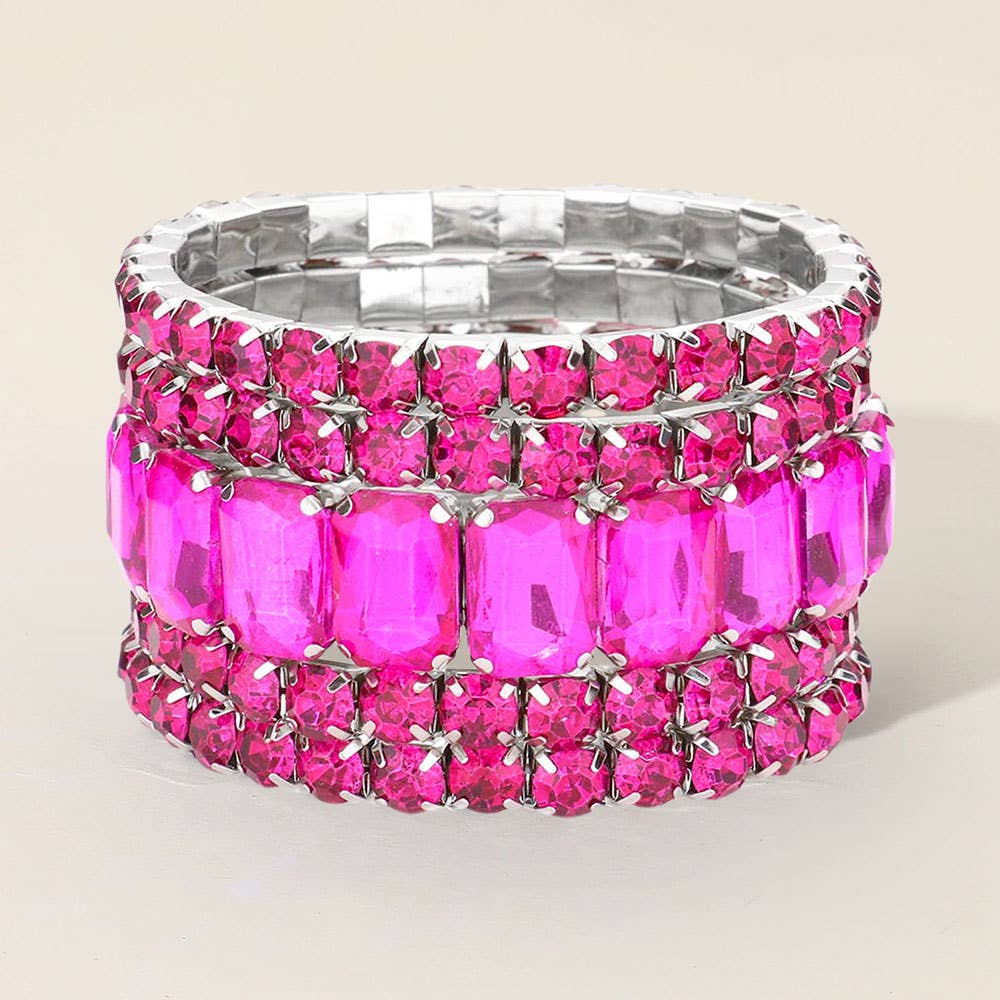 5PCS - Emerald Cut Round Stone Stretch Evening Bracelets: GOLD CLEAR