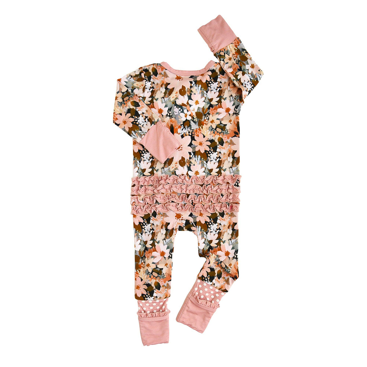 Palmer RUFFLE ZIP Bamboo Floral One Piece Baby Outfit: 6-12m