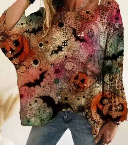 Off Shoulder Crochet Halloween Pumpkin Bat Sweater: Bat Pumpkin size MEDIUM
