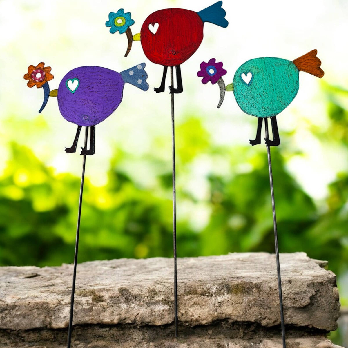 Bird flower plant stake garden lawn stake hippie rustic