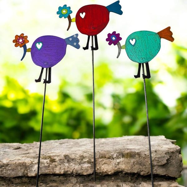 Bird flower plant stake garden lawn stake hippie rustic