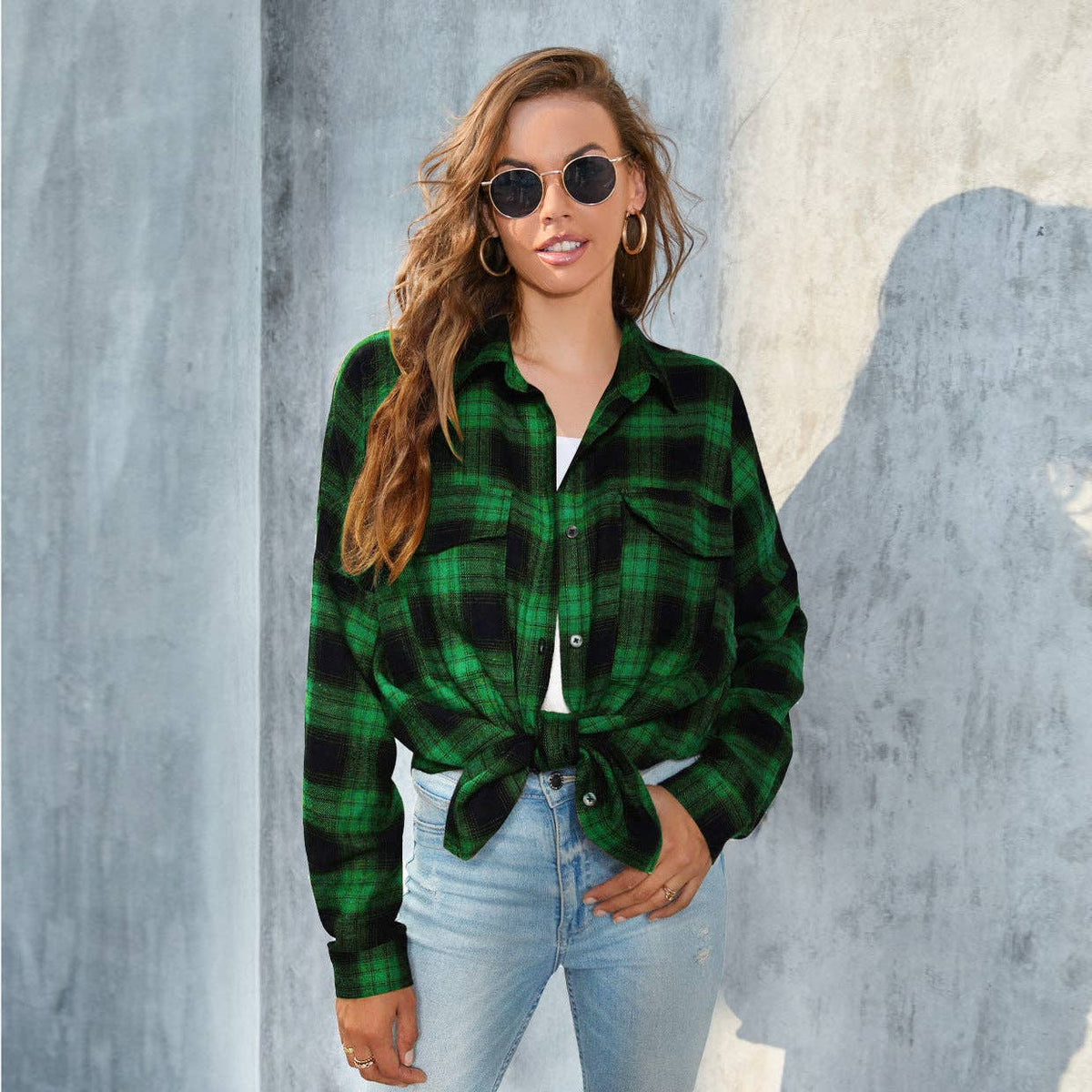 Plaid Button-Up Shirt Jacket: Pink / L