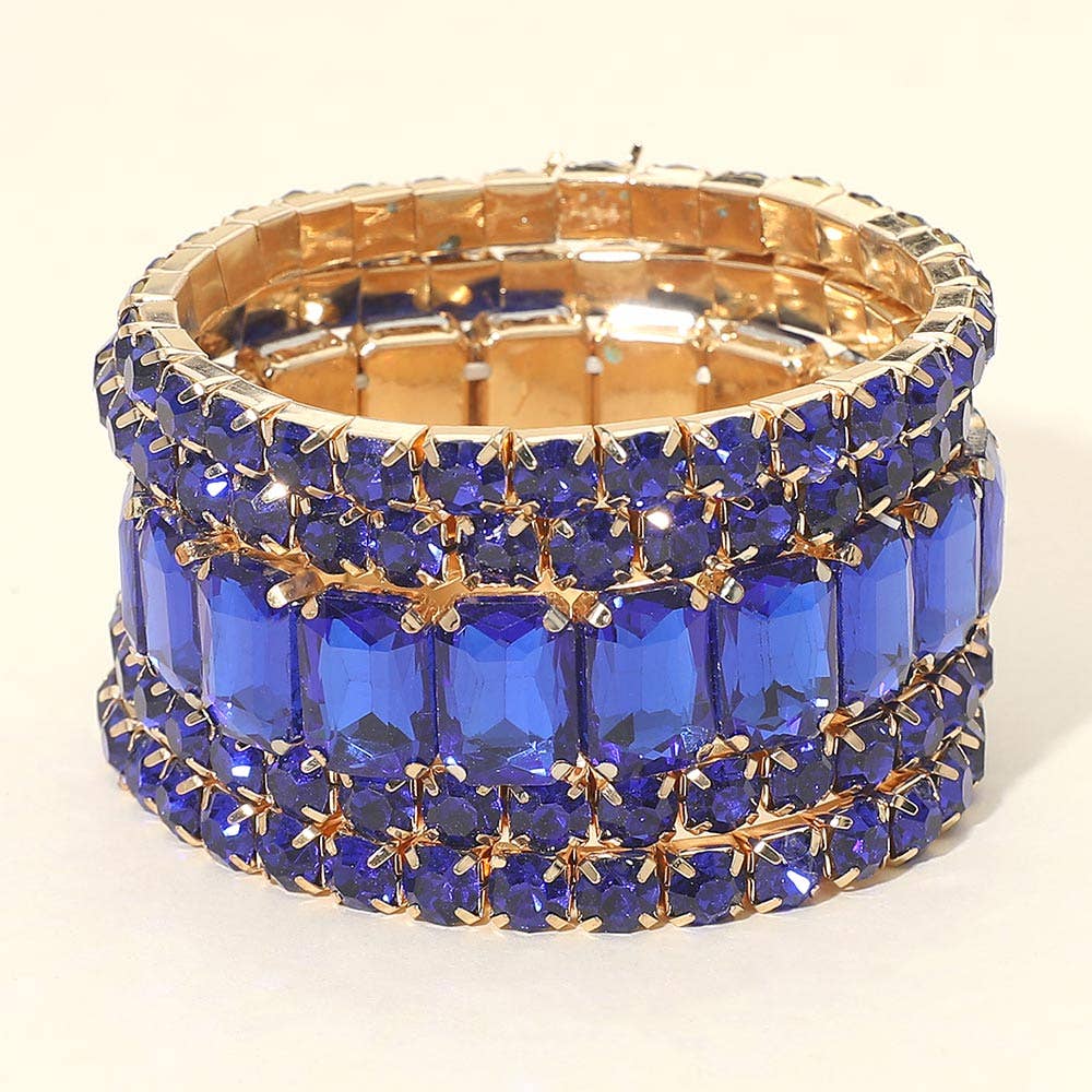 5PCS - Emerald Cut Round Stone Stretch Evening Bracelets: GOLD CLEAR