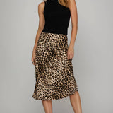 SATIN LEOPARD PRINT A LINE MIDI SKIRT: MOCHA - Candle Queen Candles