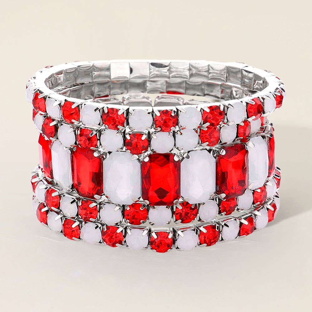 5PCS - Emerald Cut Round Stone Stretch Evening Bracelets: SILVER AB