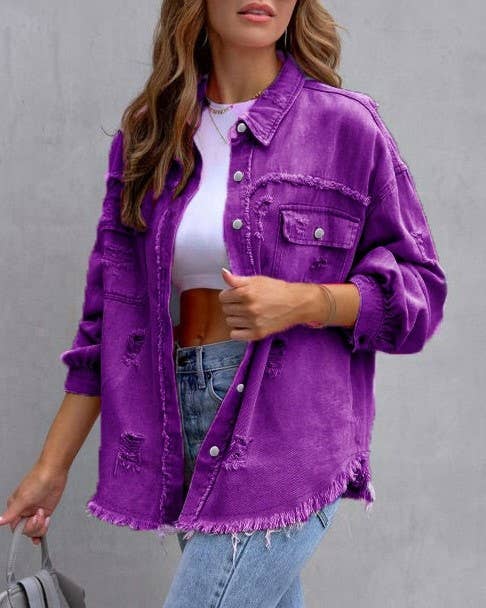 Ripped Loose Denim Jacket: Violet / XL