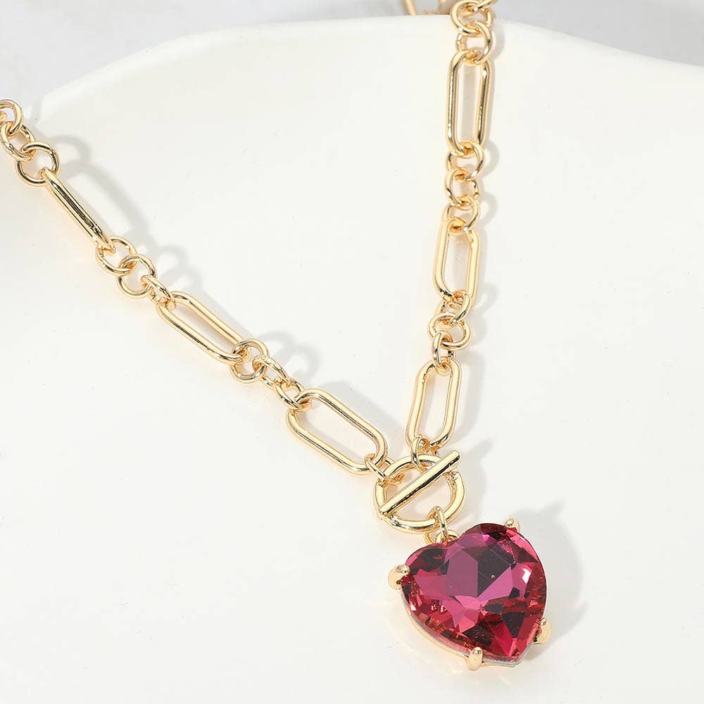 Chunky Heart Stone Cluster Toggle Pendant Necklace: Fuchsia,Neon