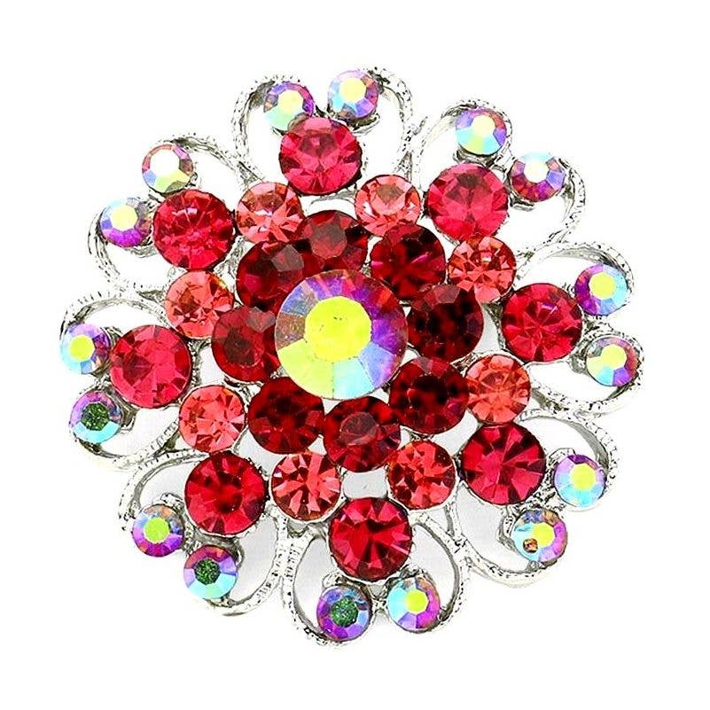 Blooming Flower Rhinestone Brooch Pin: Silver-Fuchsia