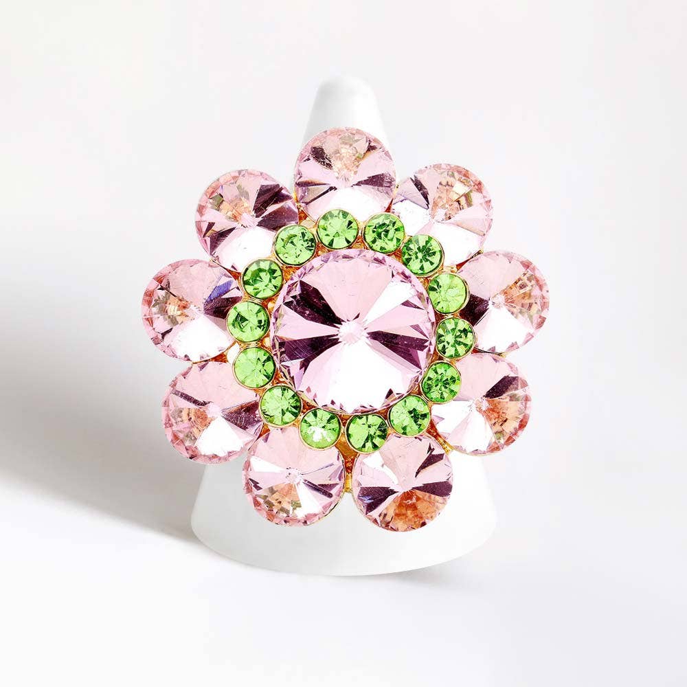 Round Crystal Flower Stretch Ring: Gold
