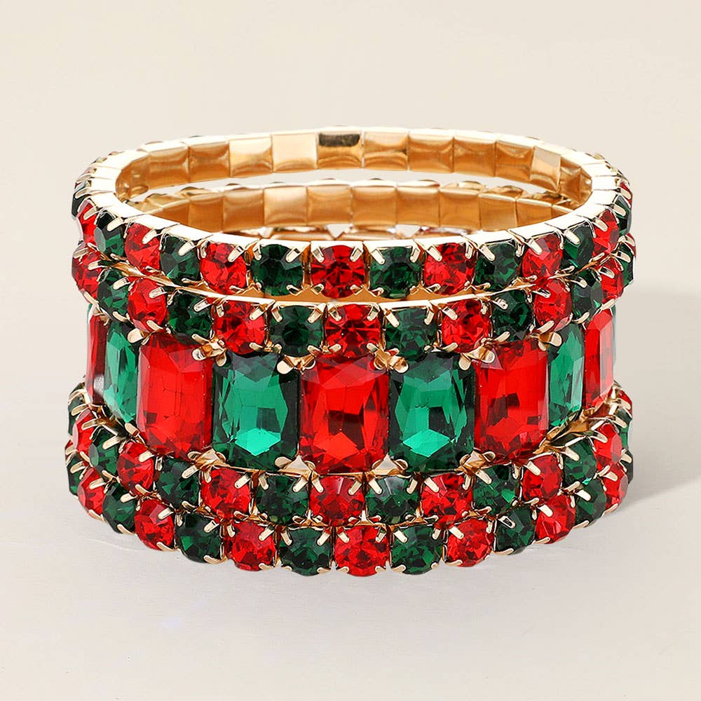 5PCS - Emerald Cut Round Stone Stretch Evening Bracelets: GOLD CLEAR