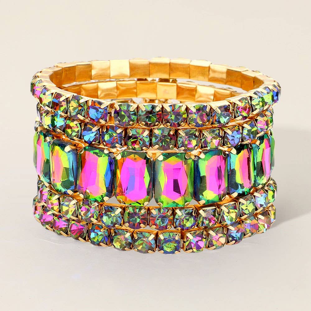 5PCS - Emerald Cut Round Stone Stretch Evening Bracelets: GOLD CLEAR