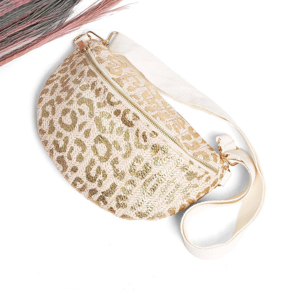 Leopard Pattern Embroidered Crossbody Belt Bag / Fanny Pack: Silver