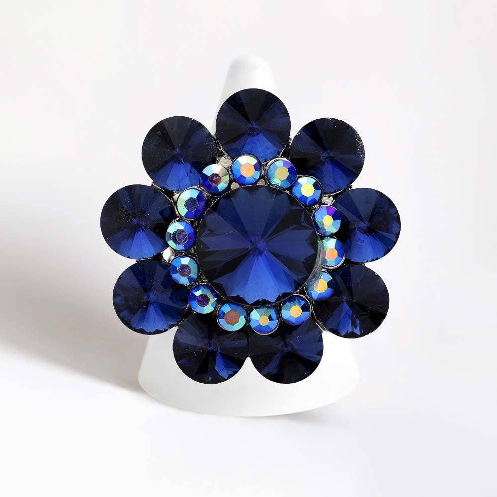 Round Crystal Flower Stretch Ring: Gold