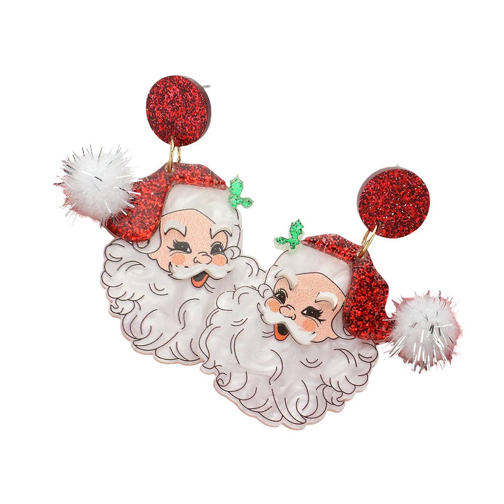 Glittered Resin Pom Santa Dangle Earrings: Pink