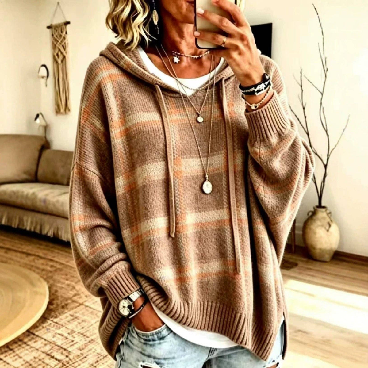 Plaid Hooded Oversized Knit Pullover Sweater: Blue