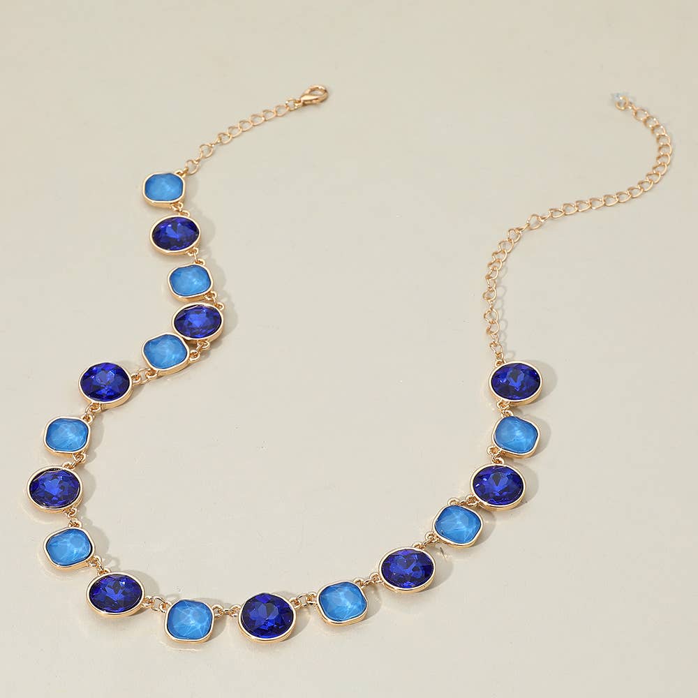 Round Square Stone Bezel Cluster Link Necklace: Clear