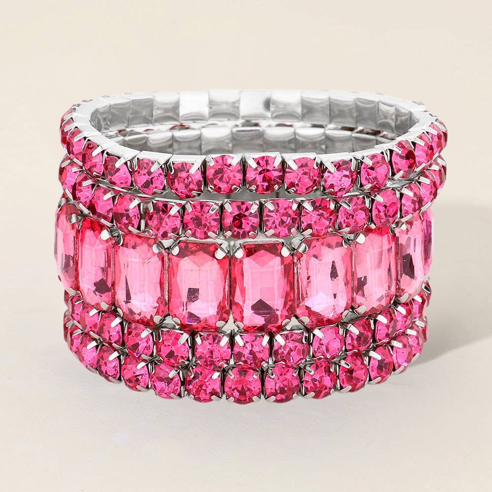5PCS - Emerald Cut Round Stone Stretch Evening Bracelets: SILVER AB