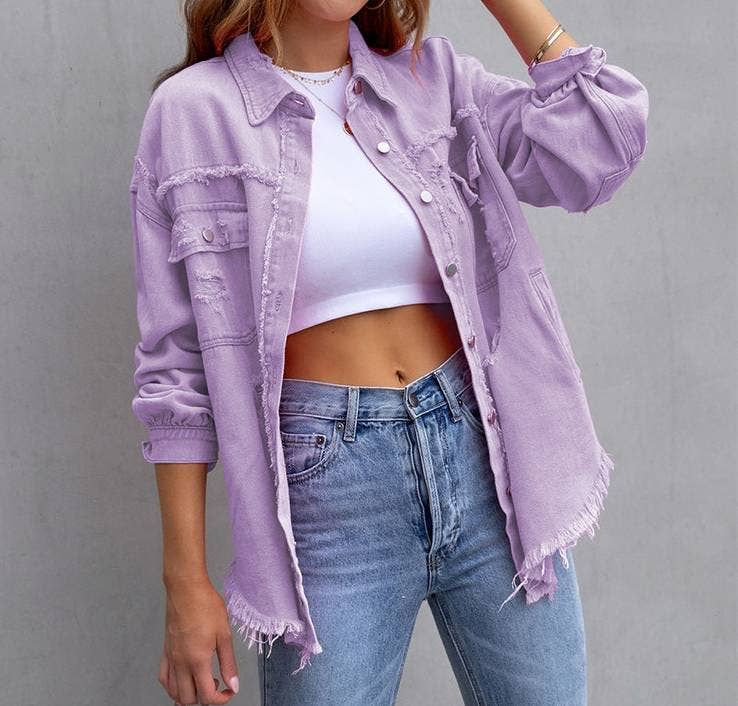Ripped Loose Denim Jacket: Violet / M