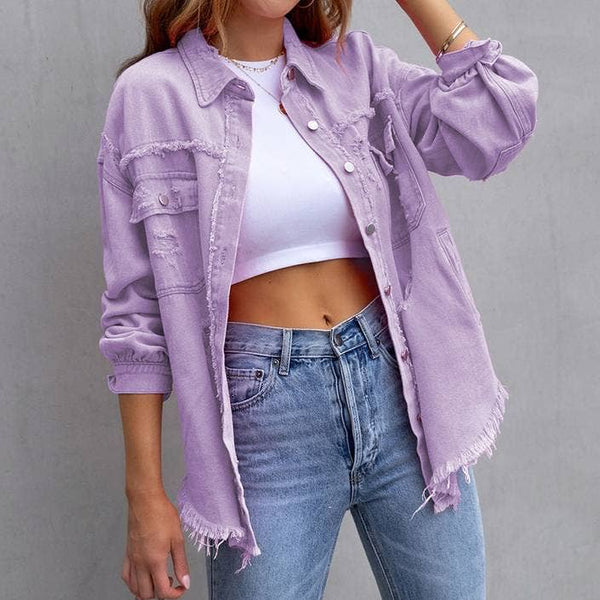 Ripped Loose Denim Jacket: Violet / M