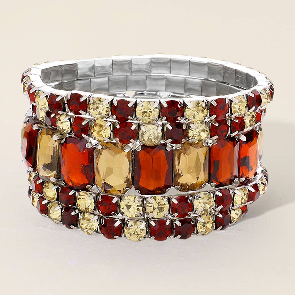 5PCS - Emerald Cut Round Stone Stretch Evening Bracelets: SILVER AB