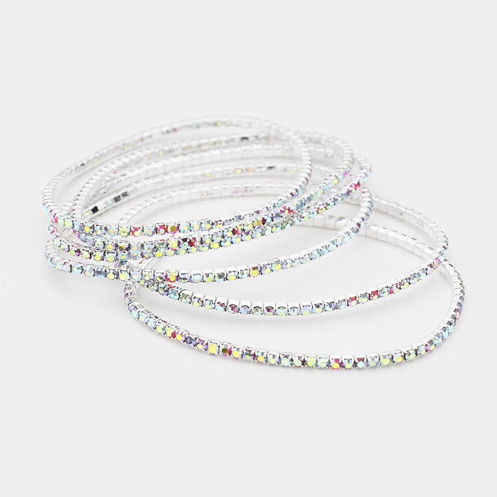 6PCS - Rhinestone Stretch Evening Bracelets: Clear,Silver