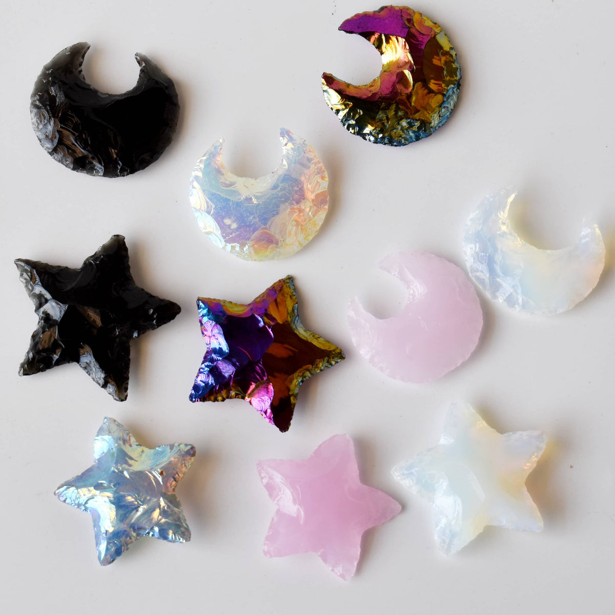 Flat Stars & Moon Shaped Gemstone Arrowhead: Aura Quartz / 1 Moon