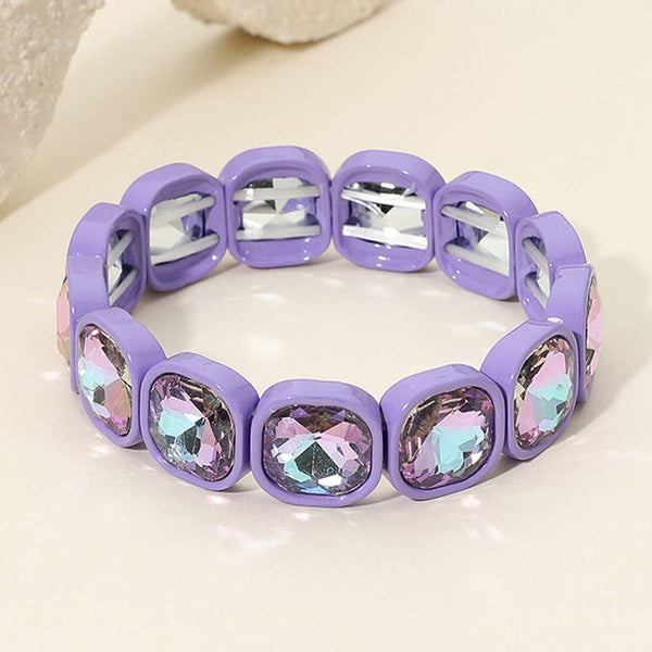 Faceted Cushion Gem Beaded Stretch Bracelet: Purple