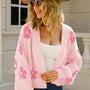 Floral Knit Crop Cardigan - Fuzzy V-Neck Sweater: soft pink Medium