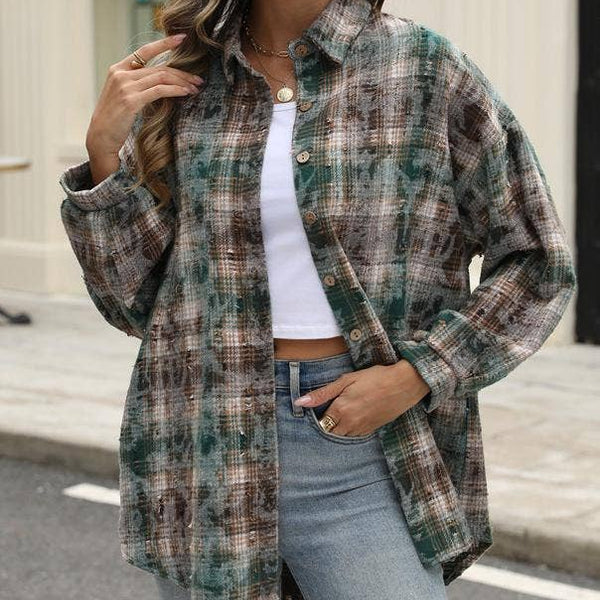 Plaid jacket checked ripped shacket: Green / L