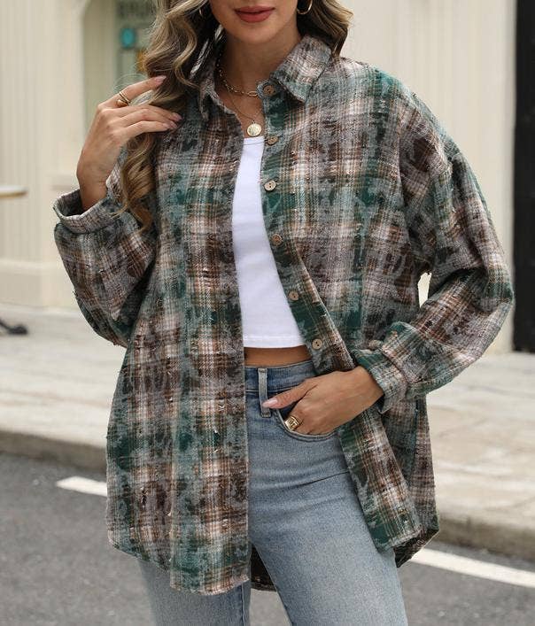 Plaid jacket checked ripped shacket: Red / XL