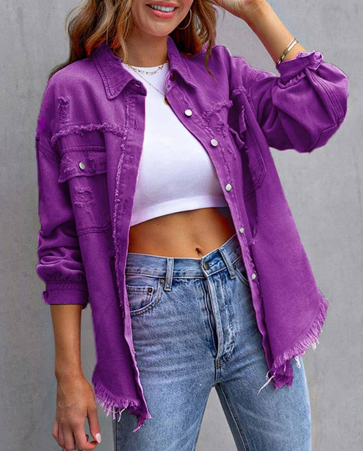 Ripped Loose Denim Jacket: Violet / M