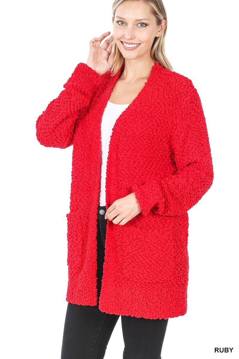 Long Sleeve Popcorn Sweater Cardigan With Pockets: BROWN / 1-1-1-1 (S-M-L-XL)